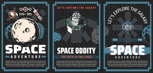 Wall Mural - Universe galaxy outer space posters, planets and astronaut spaceship rocket, vector. Galaxy universe explorers of Moon, Saturn and Jupiter, cosmic station and satellites with asteroids in outer space