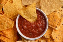 Different Chips And Salsa Close-up, Top View