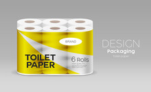 Plastic Long Roll Toilet Paper One Package Six Roll, Yellow Design On Gray Background, Vector Illustration