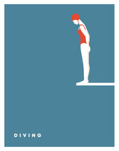 Swiming Pool With A Diving Board. Red Swimsuit Woman Jumping On Water. A Girl In A Bathing Suit Preparing To Jump From A Springboard Into The Water. Water Sports. Vector Flat Illustration.