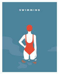 young woman in the swimming pool. girl swimmer in bathing suits and swimming caps. water sport and swimwear girl. swimsuit, recreation and leisure. The view from the back. flat Vector illustration.