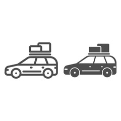 Poster - Travel car line and solid icon, Summer trip concept, Car rides on picnic sign on white background, automobile with boxes on roof icon in outline style for mobile concept, web design. Vector graphics.