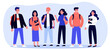 Cheerful college students with books and backpacks standing together. Teen girls and guys meeting and talking. illustration for communication, studying, school friends, youth, teenagers concept
