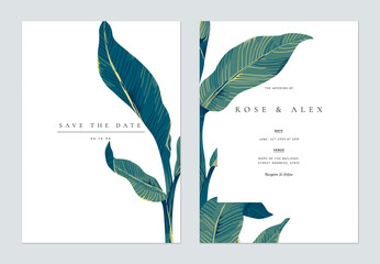 Wall Mural - Botanical wedding invitation card template design, hand drawn tropical leaves on white