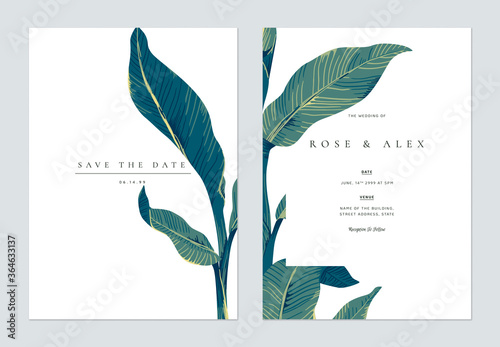 Botanical wedding invitation card template design, hand drawn tropical leaves...