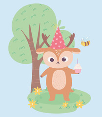 Canvas Print - happy birthday, cute little deer with cupcake and bee celebration decoration cartoon