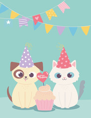 Wall Mural - happy birthday, cute dog and cat with party hat and cupcake, celebration decoration cartoon