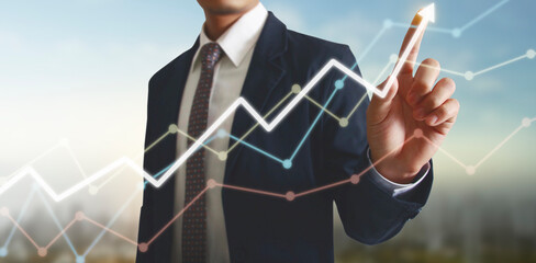 Hand touching  graphs of financial indicator and accounting market economy analysis chart