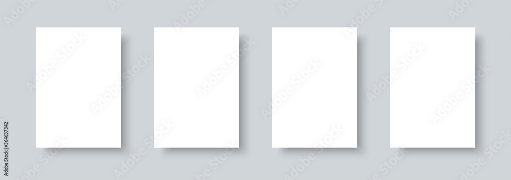 Set of 4 white A4 size paper sheets mock up realistic vector isolated on gray background - obrazy, fototapety, plakaty 