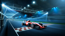 Race Driver Pass The Finishing Point And Motion Blur Race Track Background. 3D Rendering And Mixed Media Composition.