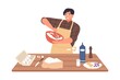 Happy guy in apron mixing ingredients preparing dough in bowl vector flat illustration. Smiling man cooking dessert at kitchen table isolated on white. Preparation homemade pastry or baking