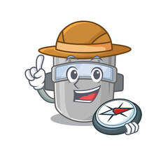 Sticker - mascot design concept of welding mask explorer using a compass in the forest