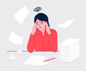 Woman with headache stress symptom and pile documents. Stressed worker. Business woman in panic. Woman sits at the Desk and holds her hands on head. Flat design vector illustration.