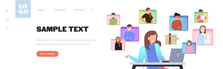 Poster - businesswoman having online conference during video call remote work quarantine isolation concept business woman usilng laptop at workplace copy space portrait vector illustration