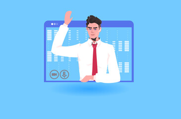 Poster - businessman having online briefing or virtual conference during video call remote work quarantine isolation concept man worker in web browser window portrait vector illustration