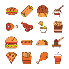 Poster - fast food dinner and menu, tasty meal and unhealthy, restaurant lunch icons set line and fill style