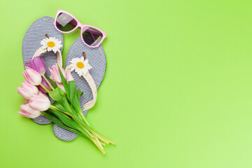 Wall Mural - Beach flip flops with flowers and sunglasses