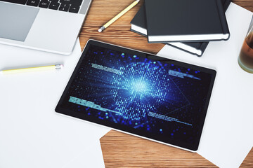 Poster - Creative code skull sketch on modern digital tablet screen, theft of personal data and malware concept. Top view. 3D Rendering