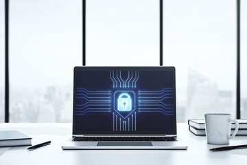 Poster - Creative idea concept with lock symbol and microcircuit illustration on modern laptop screen. Protection and firewall concept. 3D Rendering