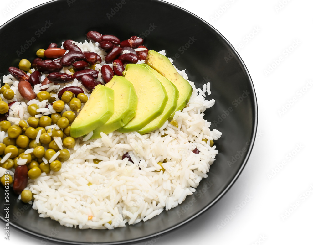 Bowl with tasty rice, beans and avocado on white background