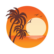 Tropical Landscape With Palm Trees Silhouettes On An Orange Background With A Circle .Sunset. Icons, Logos, Or Labels.