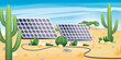 Solar Energy Concept with Deserted Landscape. Two Solar Panels and Plants. Renewable Alternative Ecological Technology.
