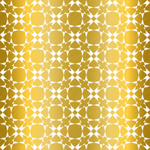 Abstract Seamless Geometric Vector Pattern. White Texture On Monochrome Gold Background With Scratches. Great For Wallpaper, Interior Decoration And Stationery. 
