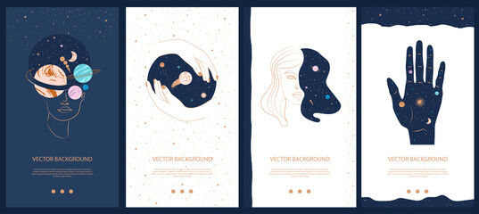 collection of space and mysterious illustrations for stories templates, mobile app, landing page, we