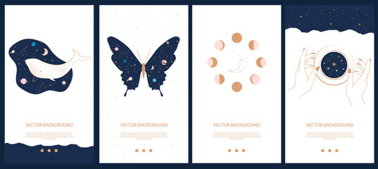 collection of space and mysterious illustrations for stories templates, mobile app, landing page, we