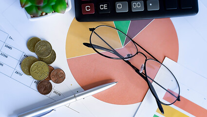 Poster - Chart, Business, Graph with coins,pen and glasses