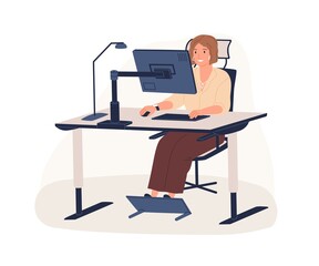 Aufkleber - Happy female office worker sitting on chair at ergonomic workstation vector flat illustration. Modern woman working use computer looking at monitor isolated on white. Employee at innovative workplace
