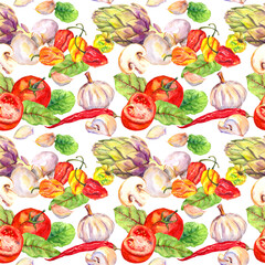  Food pattern with tomatoes, peppers, chilly, garlic. Seamless vegetables pattern. Watercolor