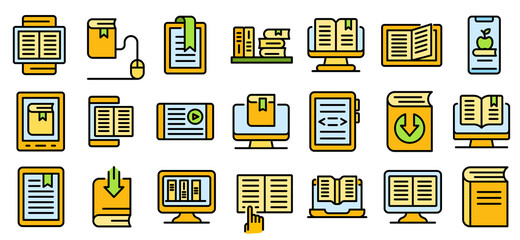 Poster - Ebook icons set. Outline set of ebook vector icons thin line color flat on white