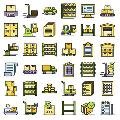 Poster - Inventory icons set. Outline set of inventory vector icons thin line color flat on white