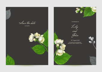 Wedding invitations set with jasmine flowers. Botanical elegant decorative vector template.