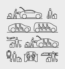 Wall Mural - People travel icons. People travelling in car. Person loading luggage into a car trunk