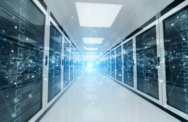 Wall Mural - Connection network in servers data center room storage systems 3D rendering