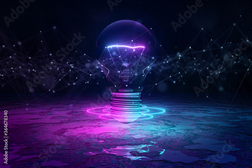 Fotomural Lightbulb illuminating reflecting floor with blue and pink neon light 3D renderi