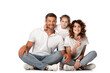 © LIGHTFIELD STUDIOS - cute kid hugging cheerful parents sitting on white