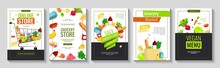Set Of Flyers With Groceries. Grocery Store, Shopping, Supermarket, Fresh Food, Home Delivery, Ordering, Sale Concept. A4 Vector Illustration For Poster, Banner, Flyer, Advertising, Promo, Commercial.