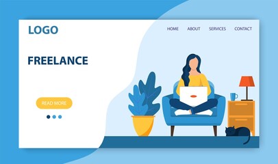 Freelance work landing page template. Concept design for poster, banner, flyer, web page. Woman with laptop sitting on the chair with crossed legs. Vector illustration in flat style