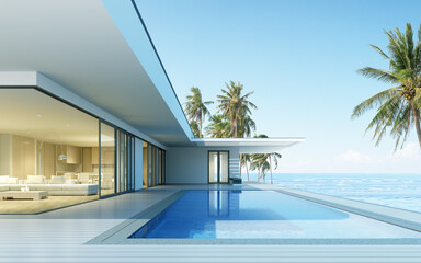 Aufkleber - Perspective of modern house with swimming pool on sea background, Exterior. 3d rendering	
