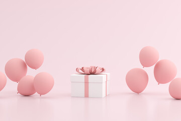 Mock up of gift box and balloons in minimal style. 3D rendering.