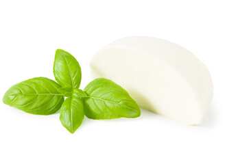 Mozzarella cheese with basil isolated on white background