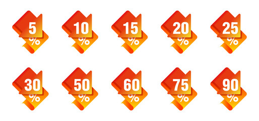 Poster - Sale tag sticker for web design and discount promotion - yellow vector ribbon in flat paper style with arrow down with different percentage from 5 to 90