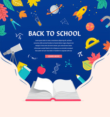 Open book, back to school concept illustration with supplies icons and books. Vector background design