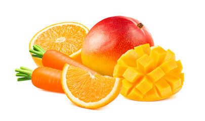 Wall Mural - Mango, orange and carrot isolated on white background