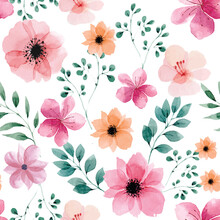 Seamless Pattern With Spring Flowers And Leaves. Hand Drawn Watercolor Background. Floral Pattern For Wallpaper Or Fabric.