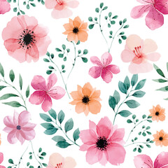 Seamless pattern with spring flowers and leaves. Hand drawn watercolor background. Floral pattern for wallpaper or fabric.