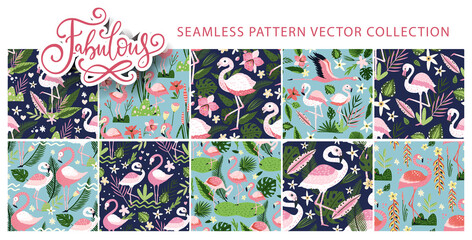 Wall Mural - Flamingo bird seamless pattern vector set. Tropical summer background collection. Hawaiian animal tropic textile art.